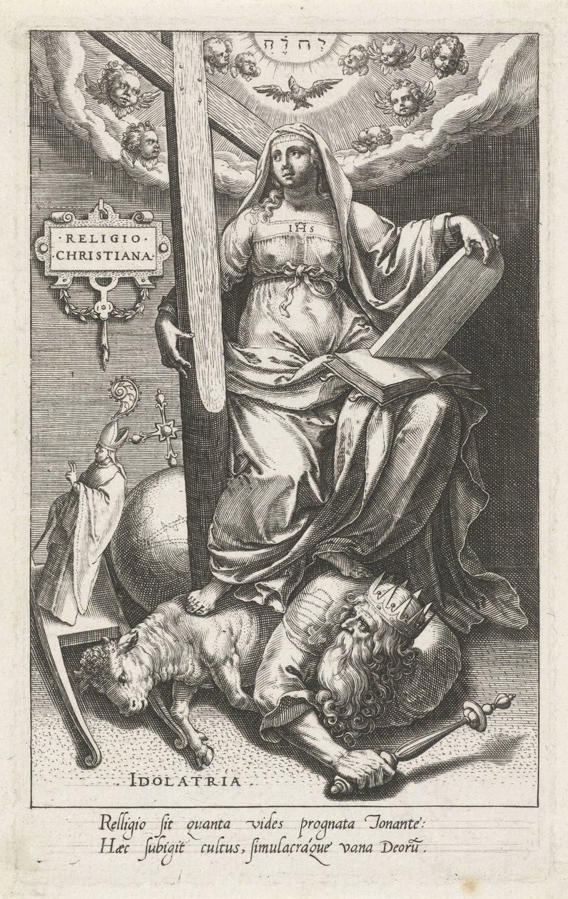 Religia chrześcijańska (Religio Christiana) przezwycięża bałwochwalstwo (Idolatria) Religia Christiana (tytuł na obiekcie) Cnoty zwyciężają wady (tytuł serii) autorstwa Johann Sadeler (I)