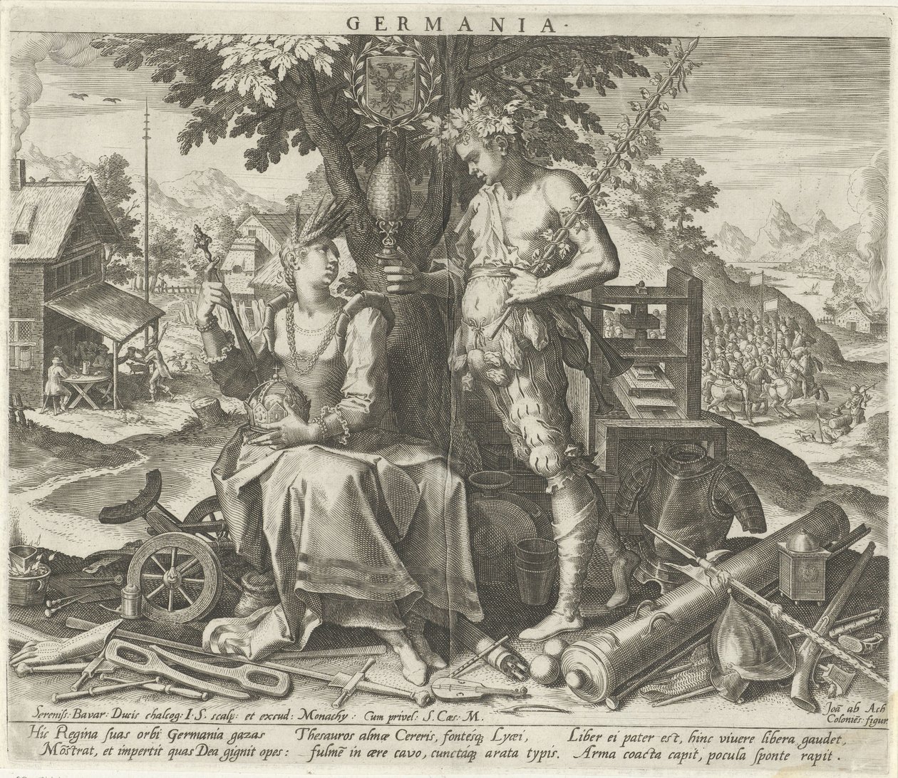 Niemcy z Ceres i Bachus Germania (tytuł na obiekcie) Alegoryczne przedstawienia krajów europejskich (tytuł serii) autorstwa Johann Sadeler (I)