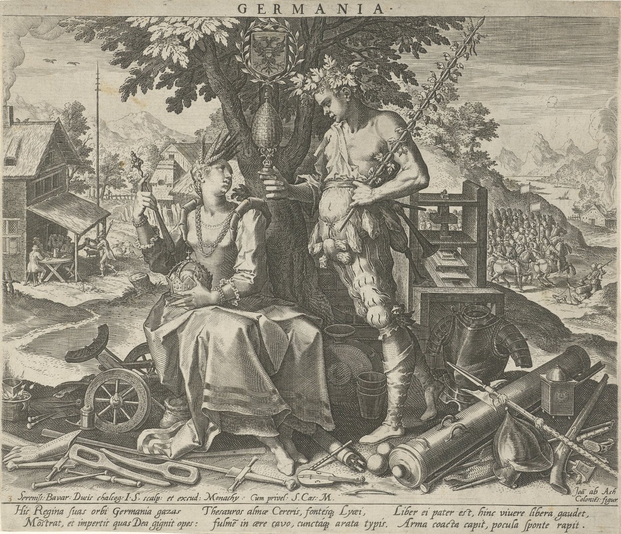 Niemcy z Ceres i Bachus Germania (tytuł na obiekcie) Alegoryczne przedstawienia krajów europejskich (tytuł serii) autorstwa Johann Sadeler (I)