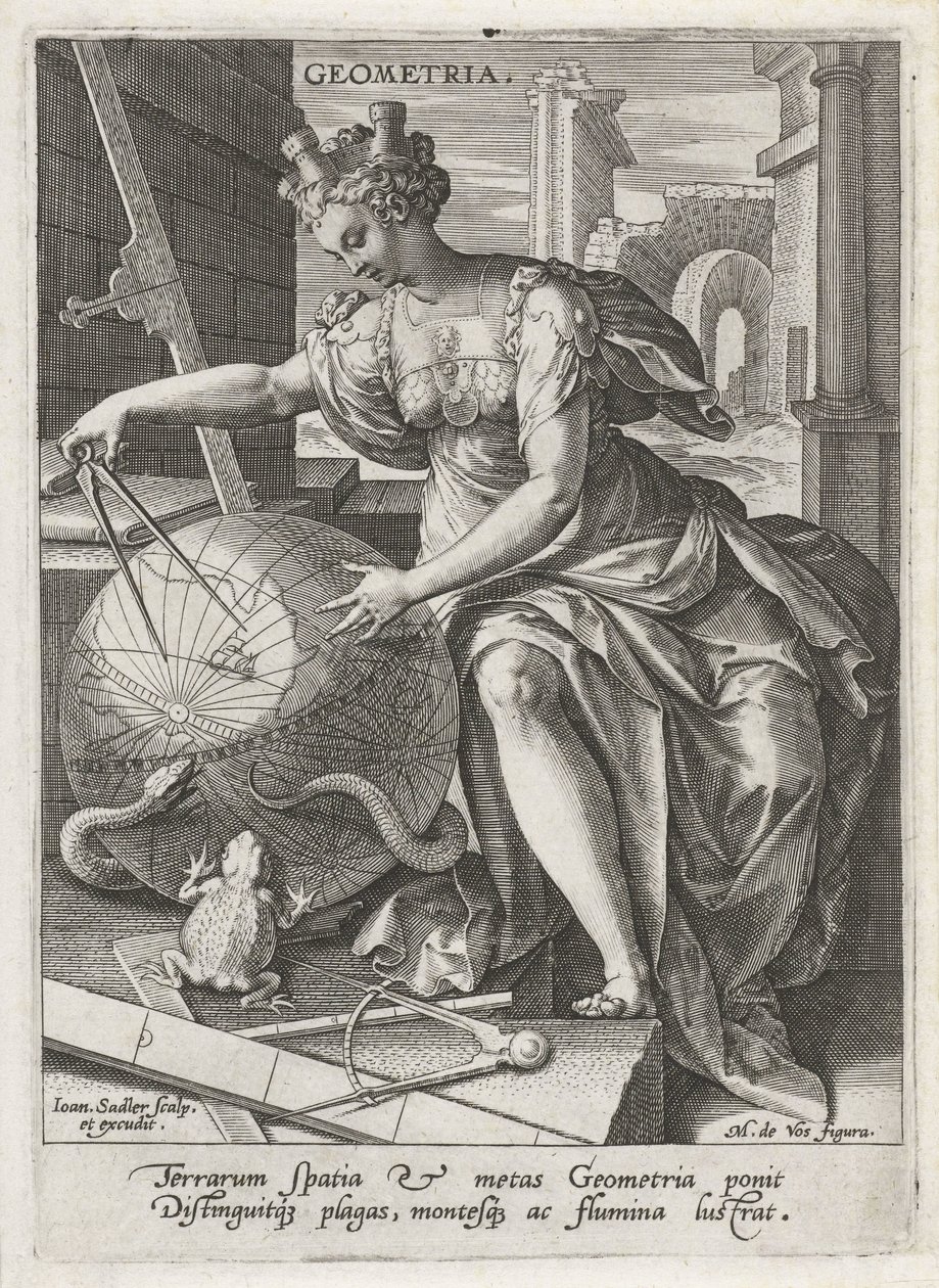 Geometria Geometria (tytuł na obiekcie) Siedem sztuk wyzwolonych (artes liberales) (tytuł serii) autorstwa Johann Sadeler (I)