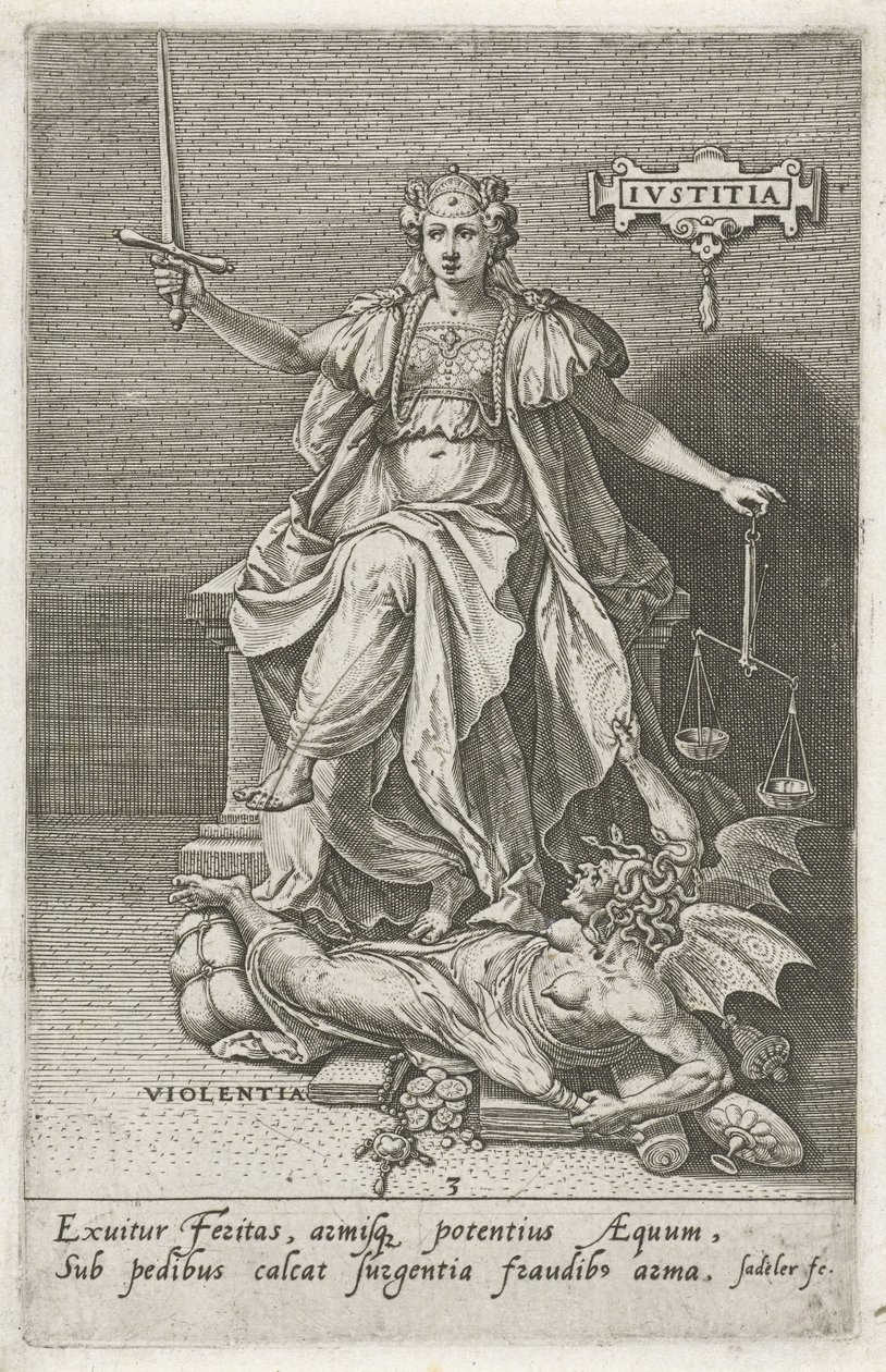 Sprawiedliwość (Justitia) pokonuje przemoc (Violentia) Sprawiedliwość (tytuł na przedmiocie) Cnoty zwyciężają wady (tytuł serii) autorstwa Johann Sadeler (I)