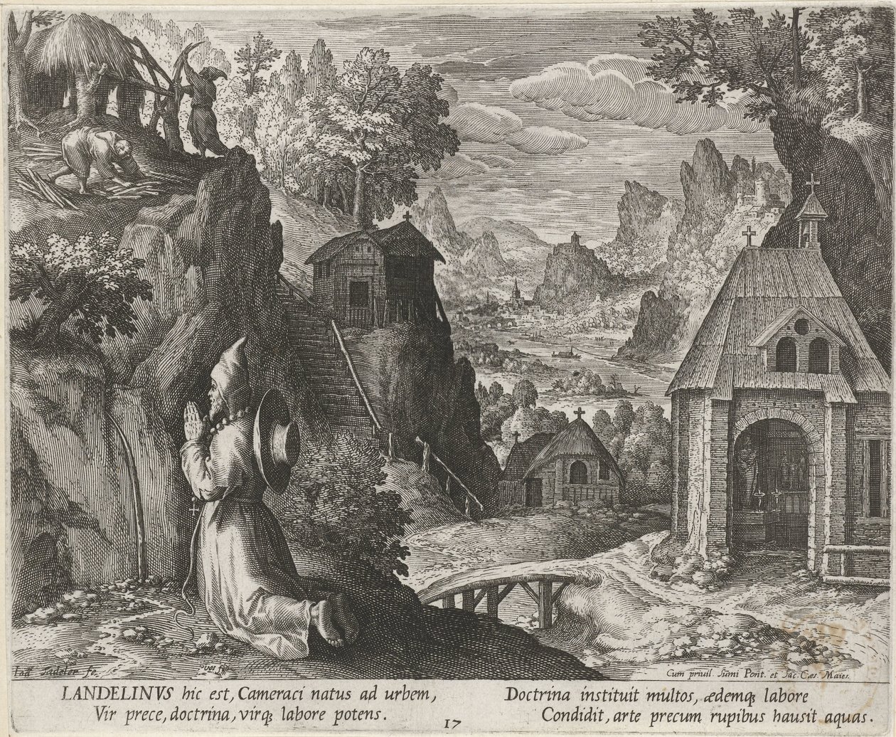 Święty Landelin jako pustelnik Pustelnicy (tytuł serii) Oraculum Anachoreticum (tytuł serii) autorstwa Johann Sadeler (I)