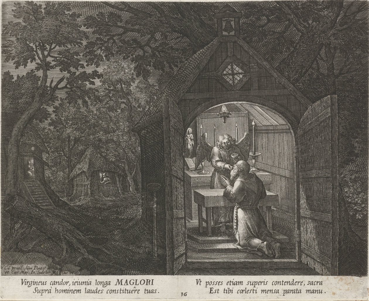 Święty Maglor jako pustelnik Pustelnicy (tytuł serii) Oraculum Anachoreticum (tytuł serii) autorstwa Johann Sadeler (I)