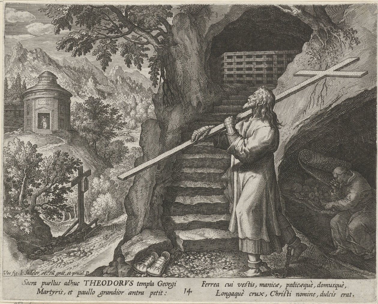 Święty Teodor Tiro jako pustelnik Cnotliwe życie pustelników (tytuł serii) Trophaeum vitae solitariae (tytuł serii) autorstwa Johann Sadeler (I)