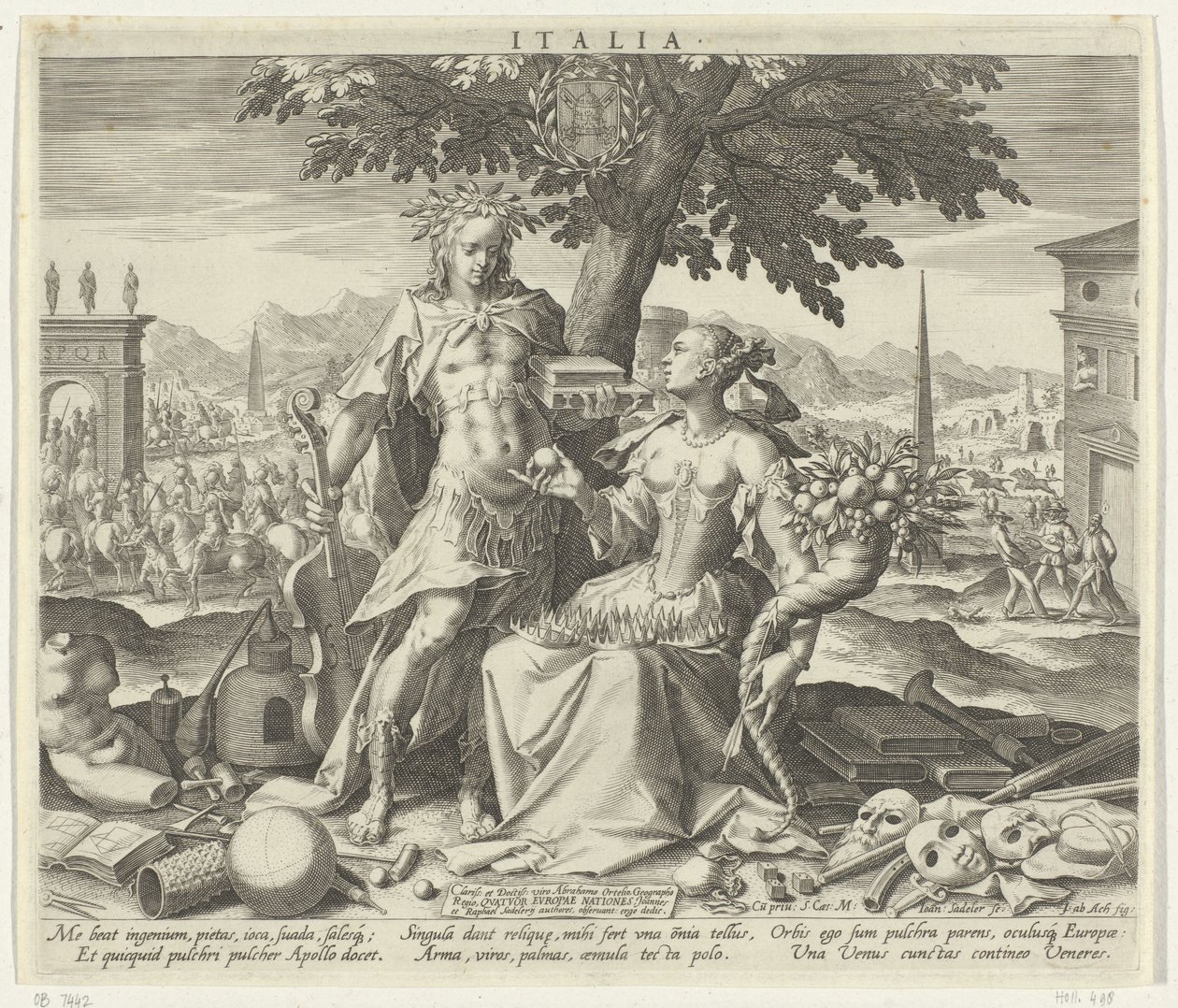Włochy, z Wenus i Apollo Włochy (tytuł na obiekcie) Alegoryczne przedstawienia krajów europejskich (tytuł serii) autorstwa Johann Sadeler (I)