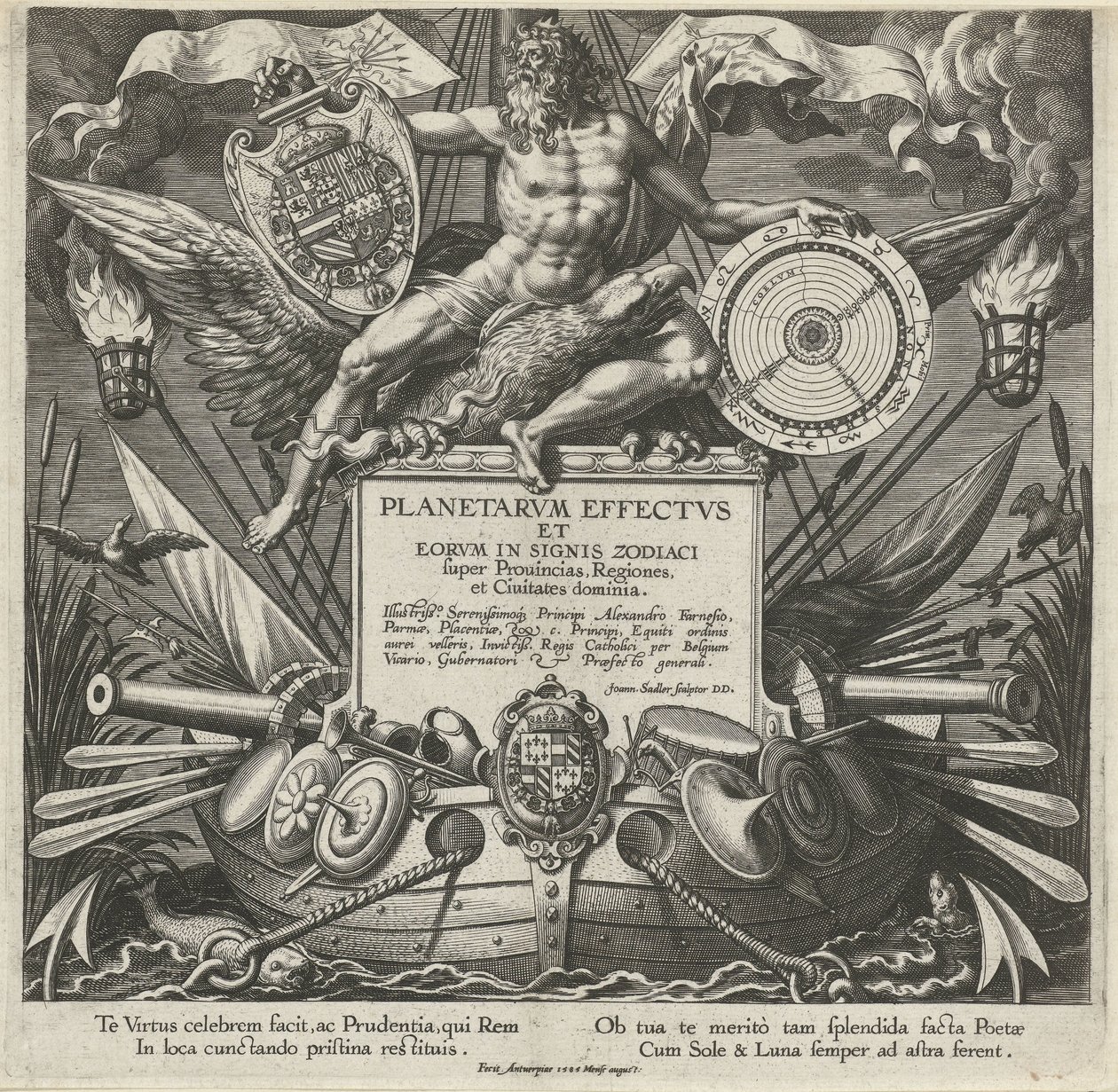 Jupiter en een oorlogsschip met het wapen van Alessandro Farnese Titelprent van een prentserie over de influence van de planeten over streken Skutki planet i ich znaków w zodiaku (tytuł serii) Planetarvm effectvs i eorvm w znakach zodiaku (ser autorstwa Johann Sadeler (I)