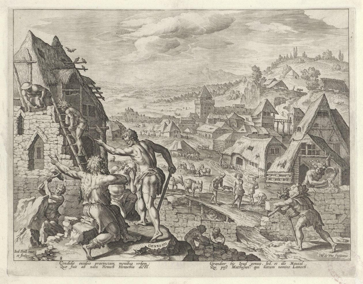 Kain buduje miasto Enoch Historia rodziny Kaina / O dobrych i złych uczynkach (tytuł serii) Boni et mali scientia (tytuł serii) autorstwa Johann Sadeler (I)