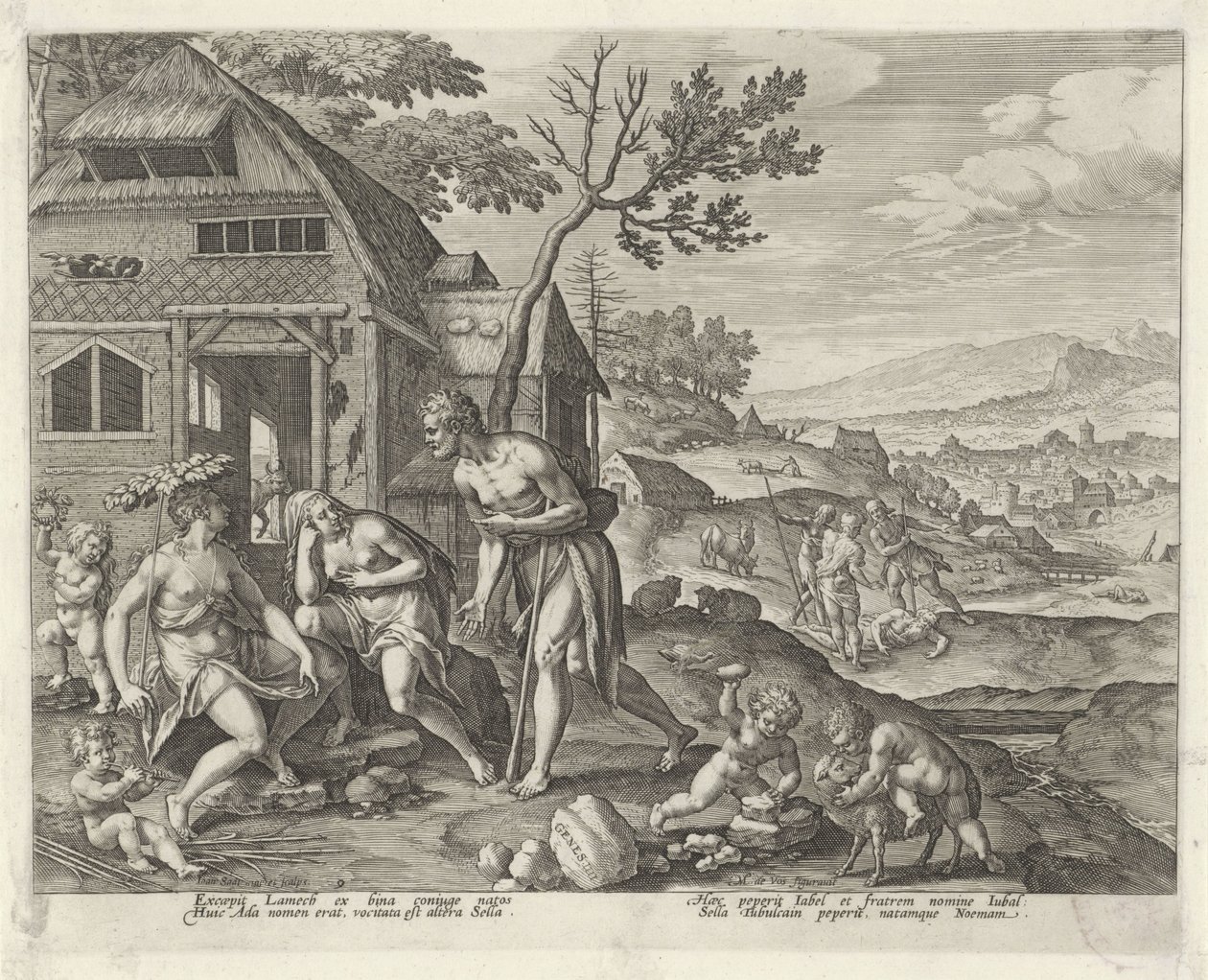 Lamech i jego dwie żony Boni et mali scientia (tytuł serii) autorstwa Johann Sadeler (I)