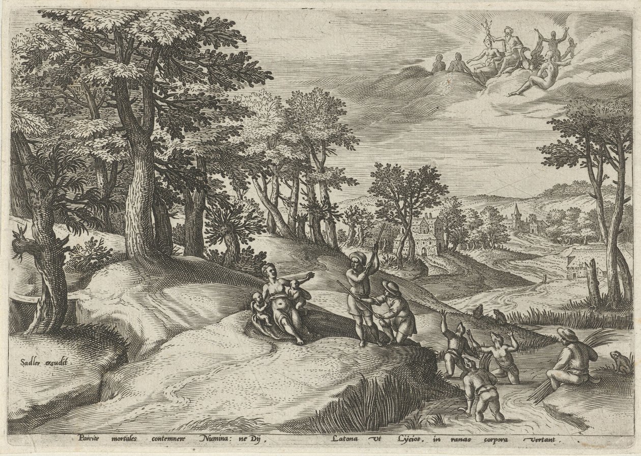 Leto (Latona) zamienia Lycians w żaby Pejzaże ze scenami mitologicznymi (tytuł serii) autorstwa Johann Sadeler (I)