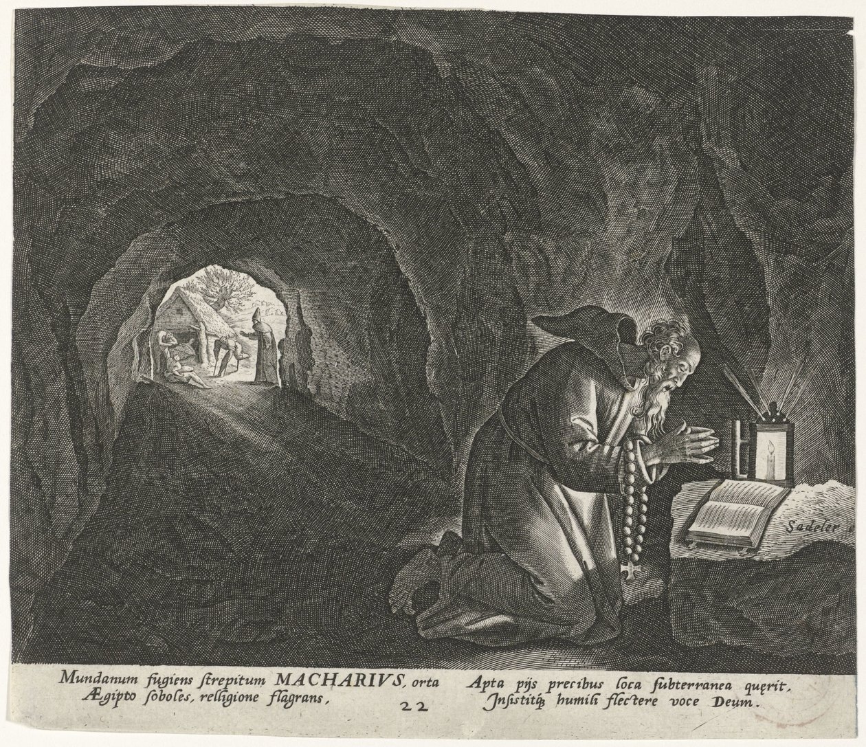 Makary Egiptu jako pustelnik Mężczyzna pustelnicy (tytuł serii) Solitudo Sive Vitae Patrum Eremicolarum (tytuł serii) autorstwa Johann Sadeler (I)