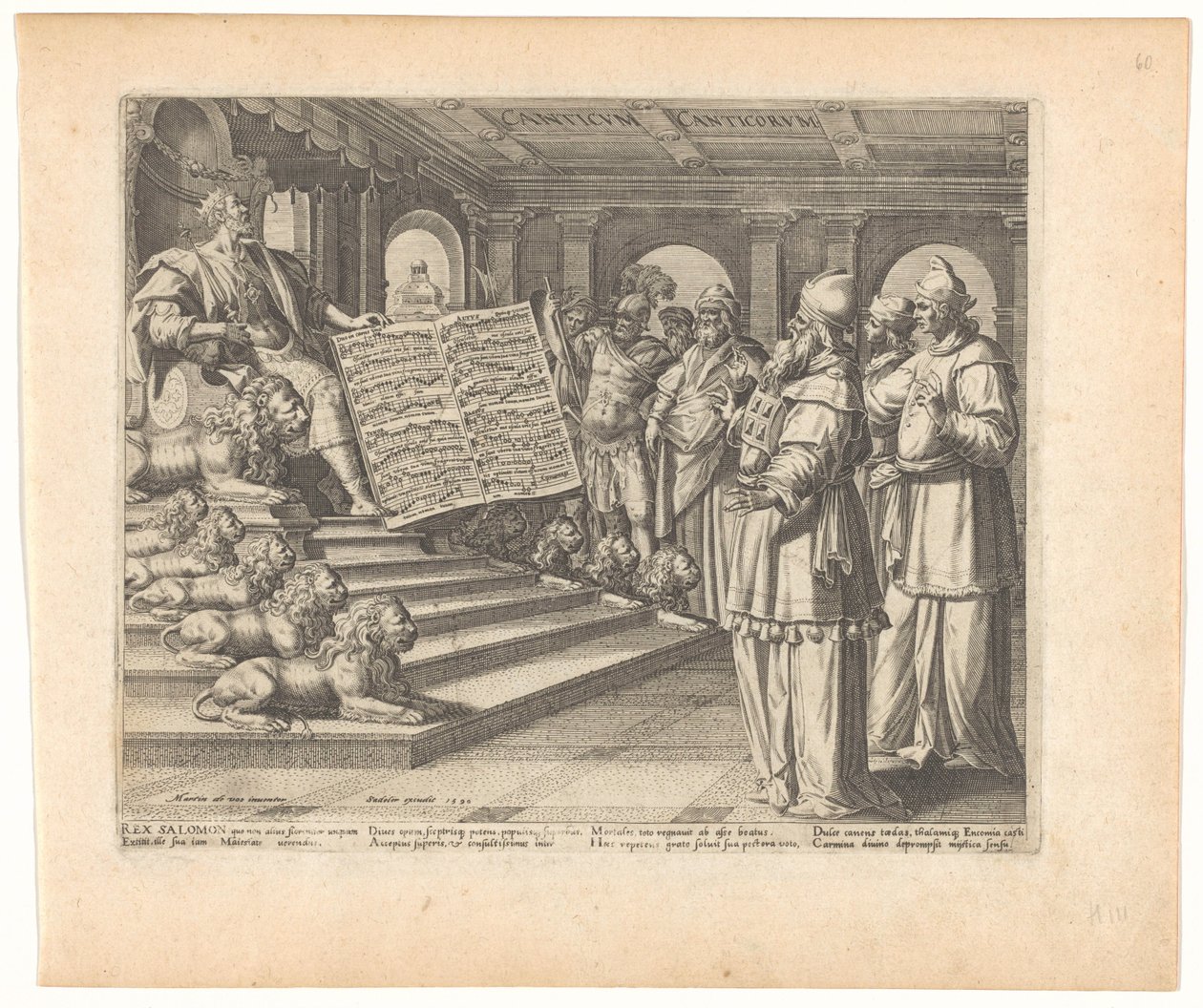 Druk motetowy i karta tytułowa z Salomonem jako kompozytorem Pieśni nad Pieśniami Canticum Canticorum (tytuł na obiekcie) Pieśń Salomona (tytuł serii) autorstwa Johann Sadeler (I)