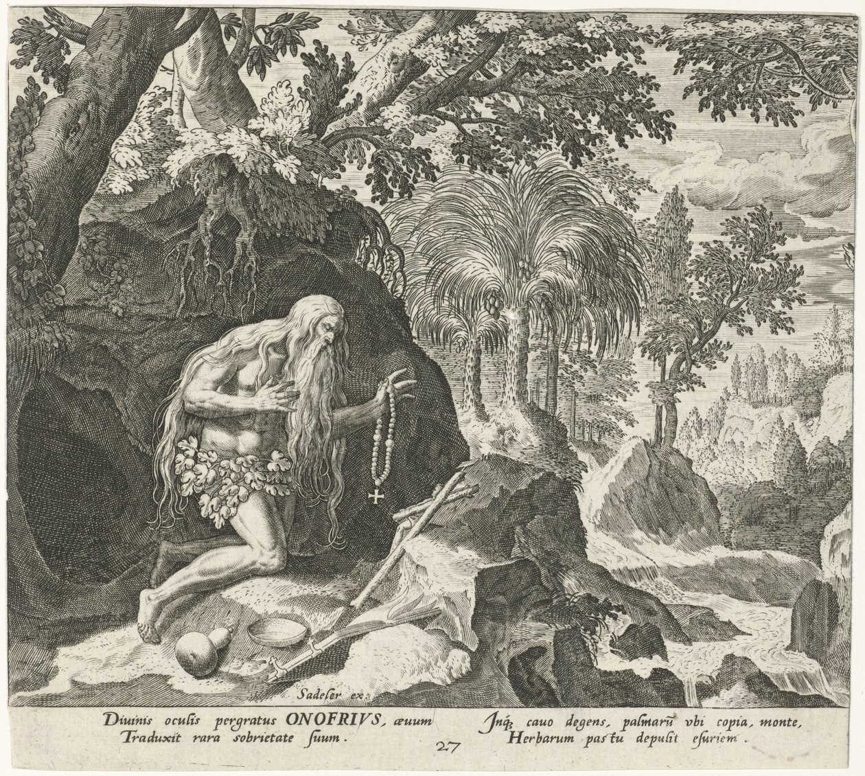 Onyfry Wielki jako pustelnik Mężczyzna pustelnicy (tytuł serii) Solitudo Sive Vitae Patrum Eremicolarum (tytuł serii) autorstwa Johann Sadeler (I)