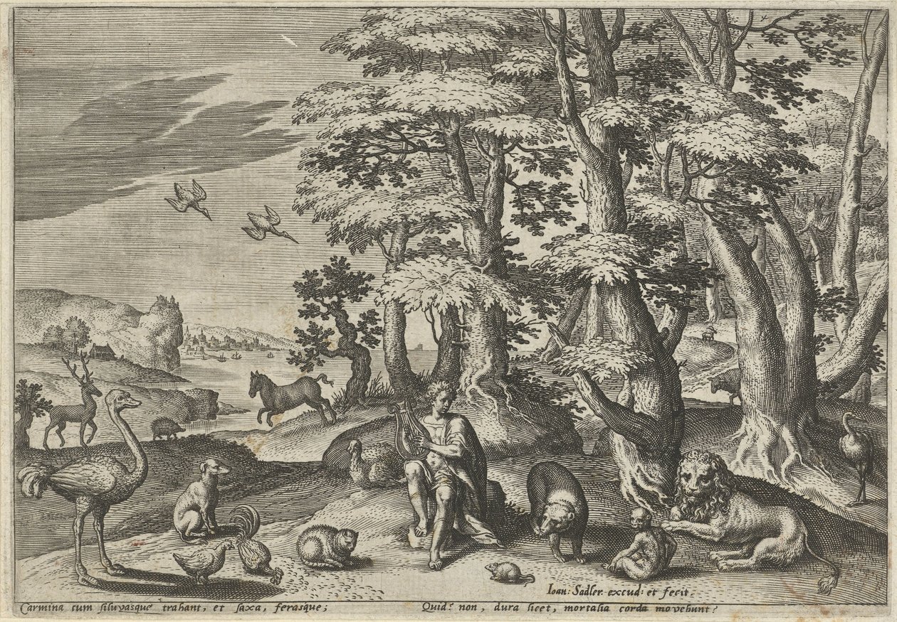 Orfeusz, tworzący muzykę dla zwierząt Pejzaże ze scenami mitologicznymi (tytuł serii) autorstwa Johann Sadeler (I)