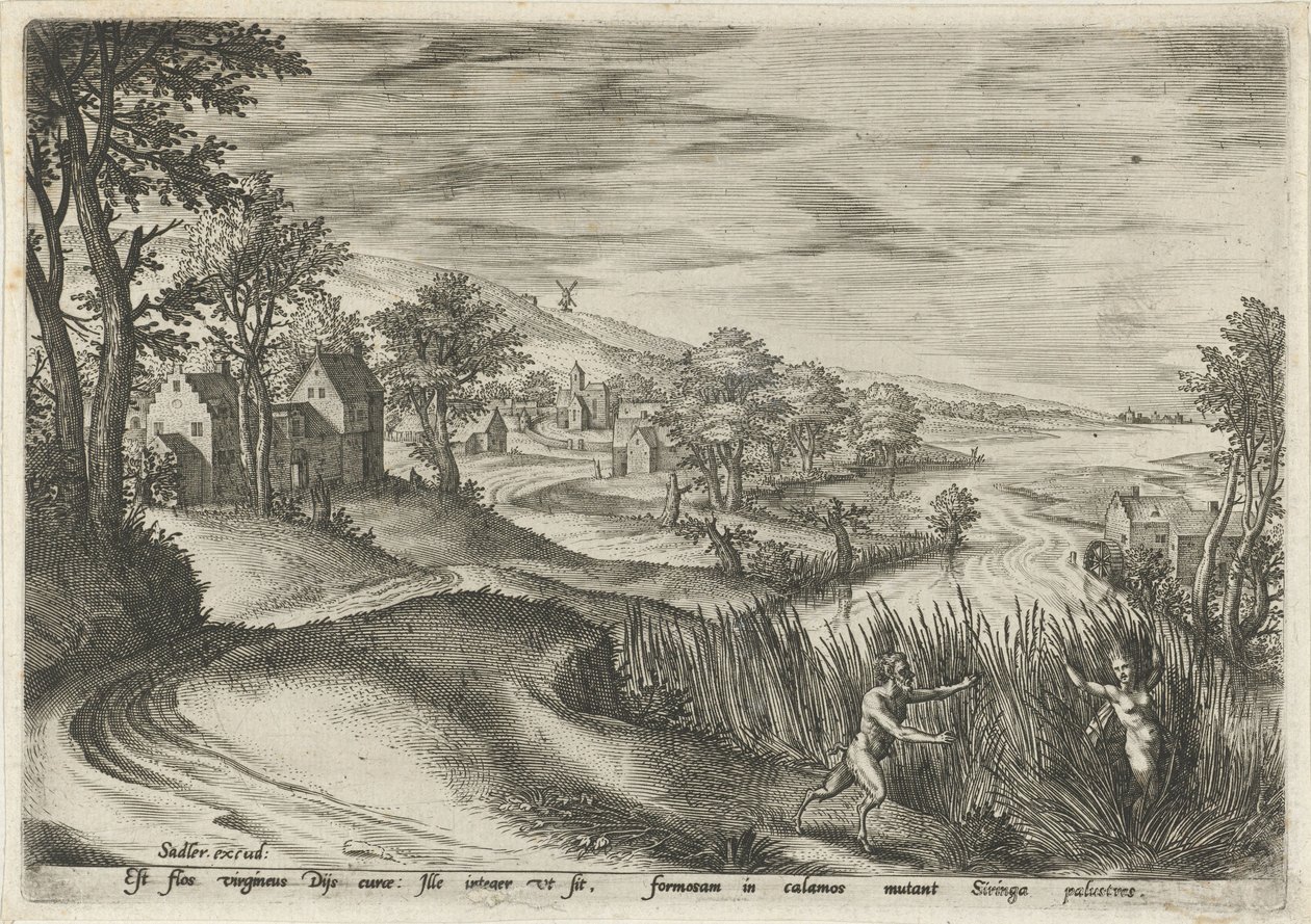Pan goni nimfę Syrinx Pejzaże ze scenami mitologicznymi (tytuł serii) autorstwa Johann Sadeler (I)
