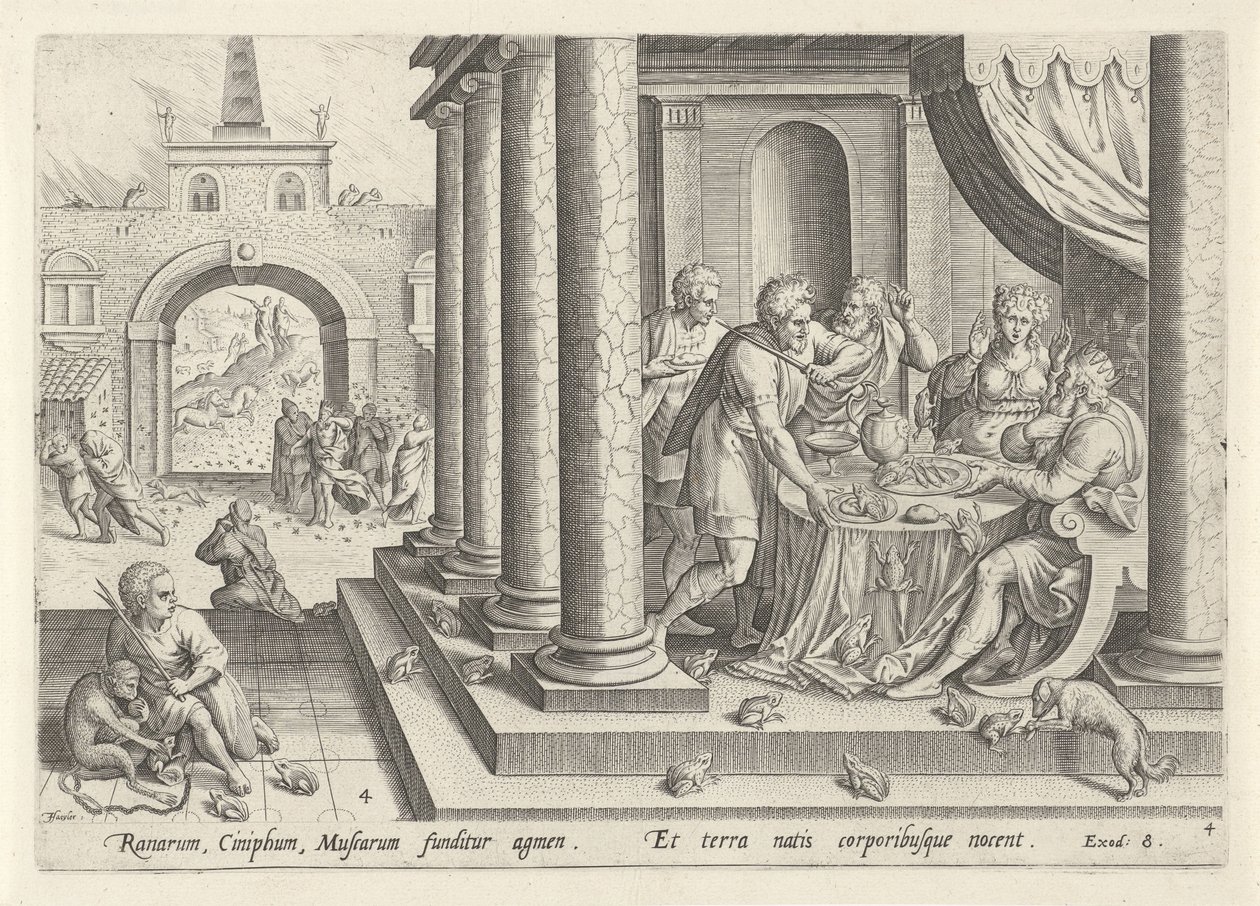 Plaga żab i komarów Historia Mojżesza przed Exodusem (tytuł serii) Historia plagarum w Aegijpto (tytuł serii) autorstwa Johann Sadeler (I)