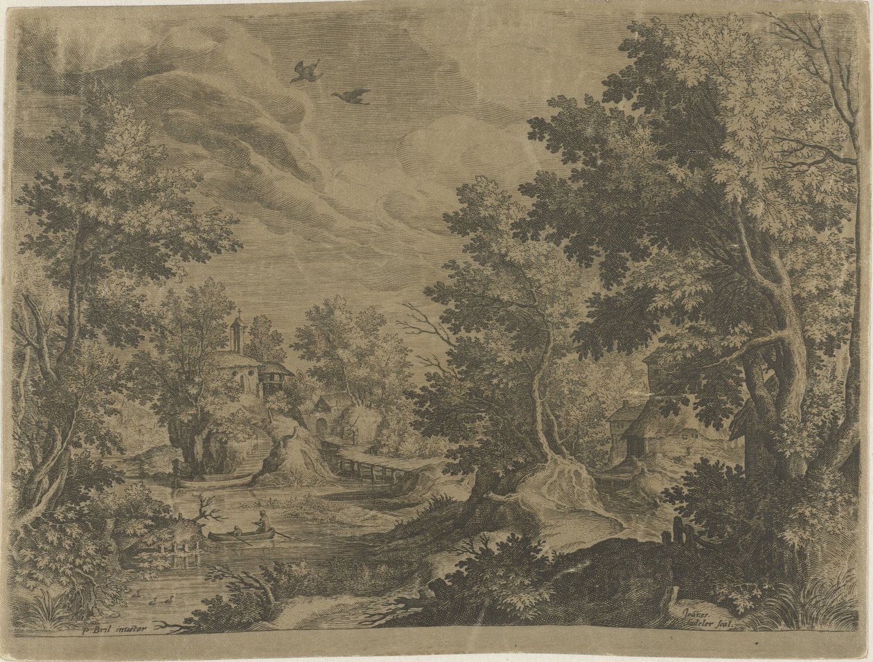 Krajobraz rzeki z łodzią wiosłową autorstwa Johann Sadeler (I)