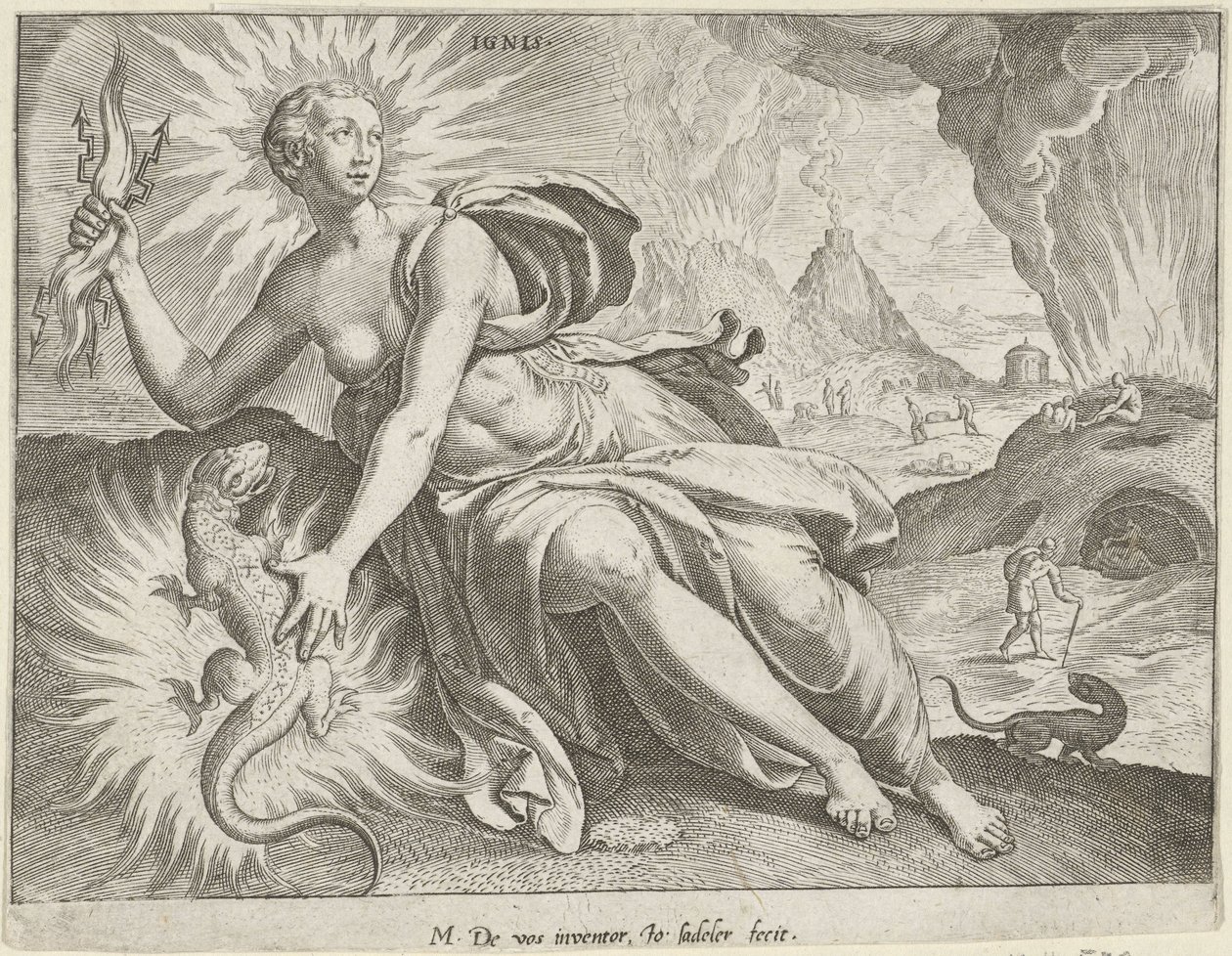 Sztuczne ognie Ignis (tytuł na obiekcie) Cztery Żywioły (tytuł serii) autorstwa Johann Sadeler (I)