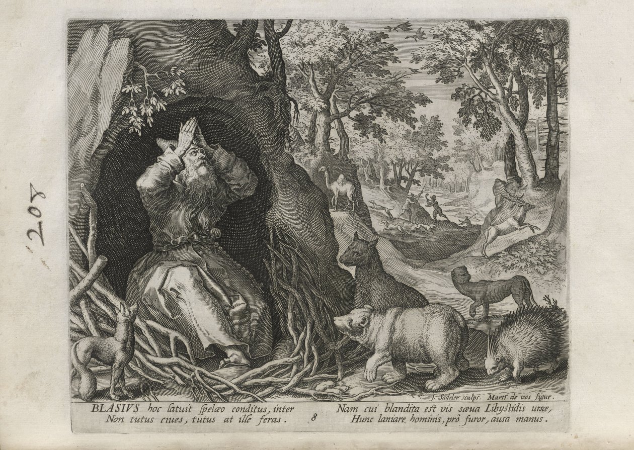 Blasius, rys. 8 z 30 z serii „Sylvae Sacrae” („Pustelnicy w pejzażach”) autorstwa Johann Sadeler I