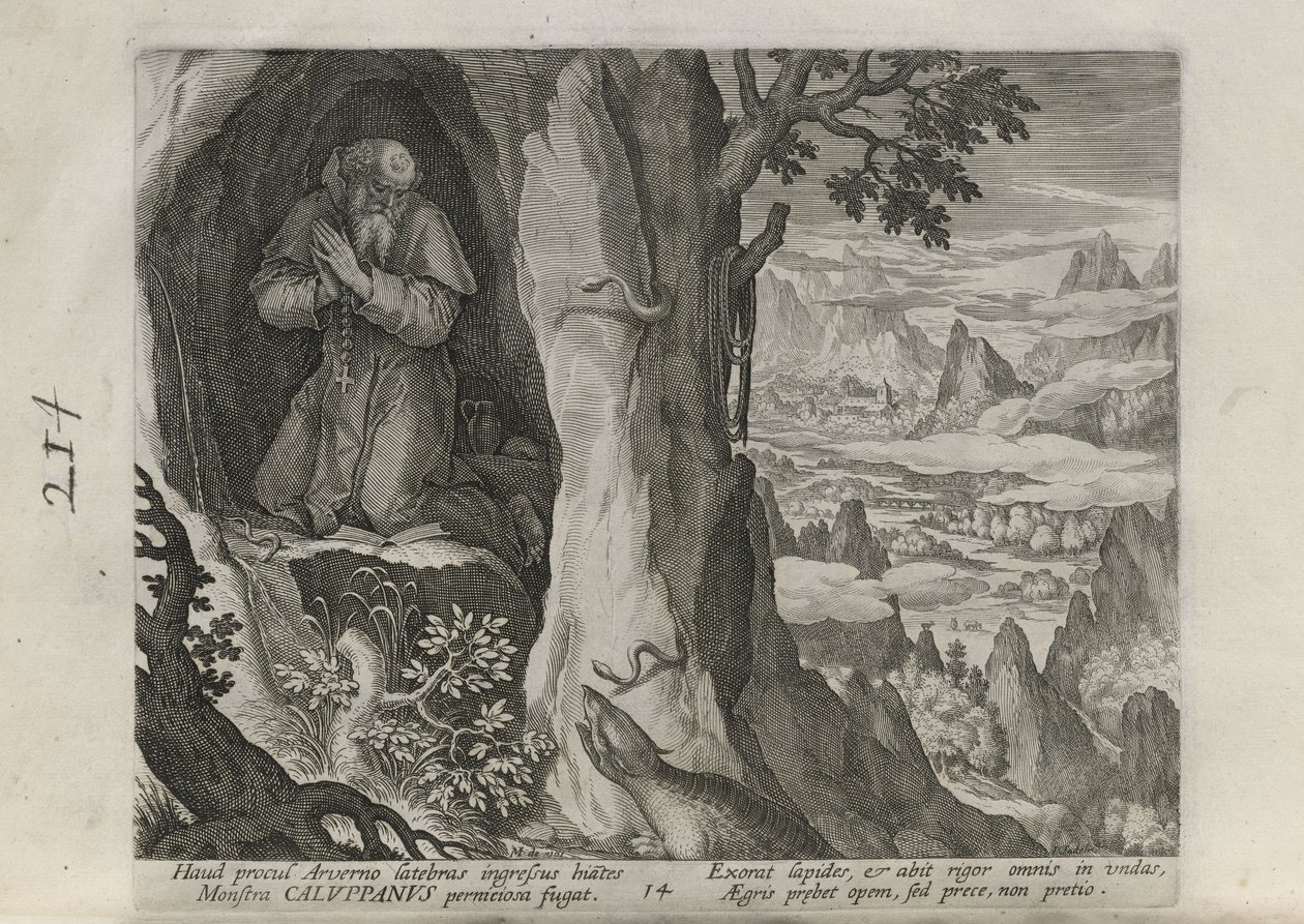 Caluppanus, rys. 14 z 30 z serii „Sylvae Sacrae” („Pustelnicy w pejzażach”) autorstwa Johann Sadeler I