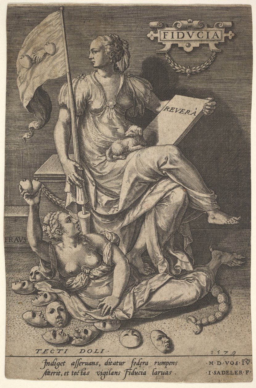 Fiducia, siedząca kobieta trzymająca księgę i sztandar, odwracając głowę od gołego..., 1579. autorstwa Johann Sadeler I