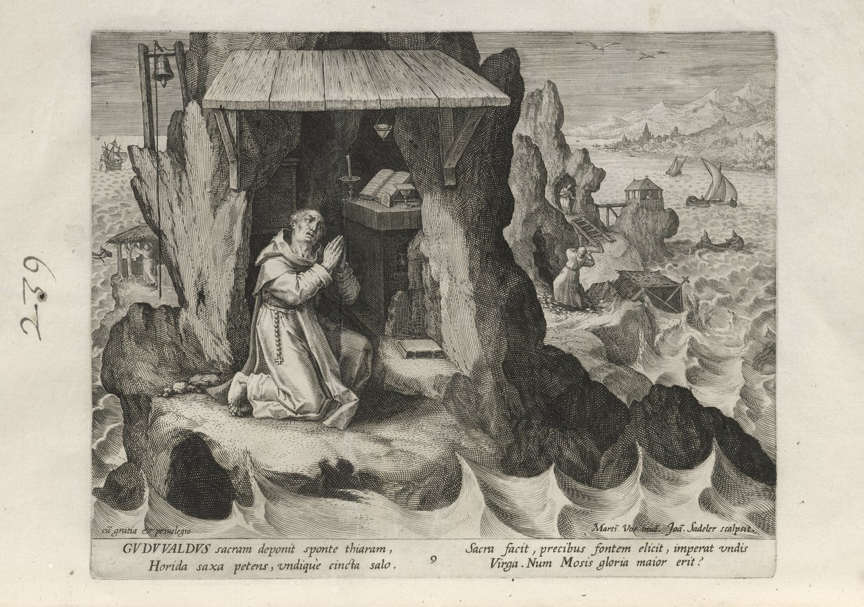 Gudwaldus, rys. 9 z 25 z serii „Trophaeum Vitae Solitariae” (Pustelnicy) autorstwa Johann Sadeler I