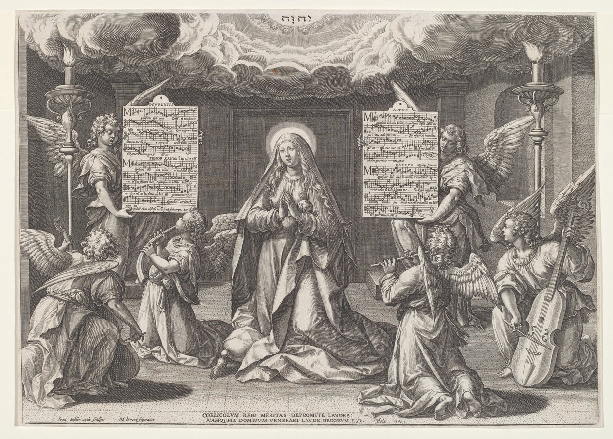 Magnificat: Dziewica otoczona przez anioły tworzące muzykę, 1585. autorstwa Johann Sadeler I