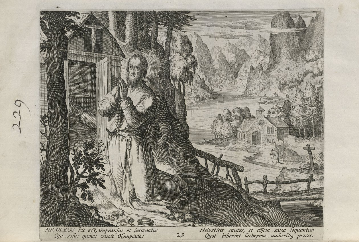 Nicoleos, tablica 29 z 30 z serii Sylvae Sacrae (Pustelnicy w krajobrazach) autorstwa Johann Sadeler I