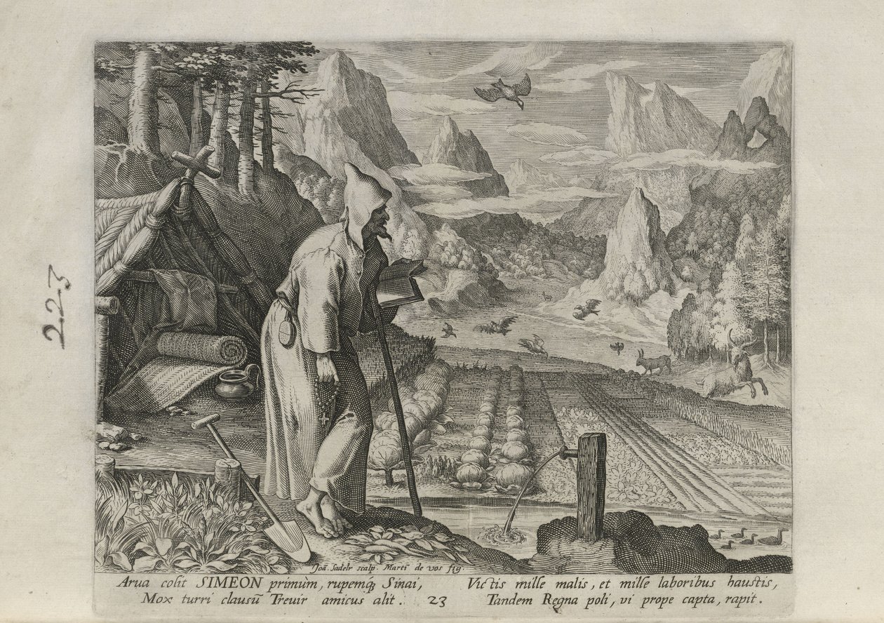 Simeon, tablica 23 z 30 z serii Sylvae Sacrae (Pustelnicy w krajobrazach) autorstwa Johann Sadeler I