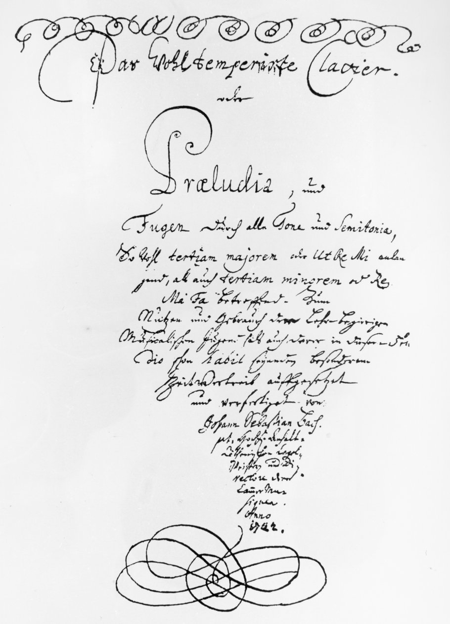Odręcznie napisana strona tytułowa Fortepianu dobrze temperowanego, 1722 (pióro i tusz na papierze) autorstwa Johann Sebastian Bach