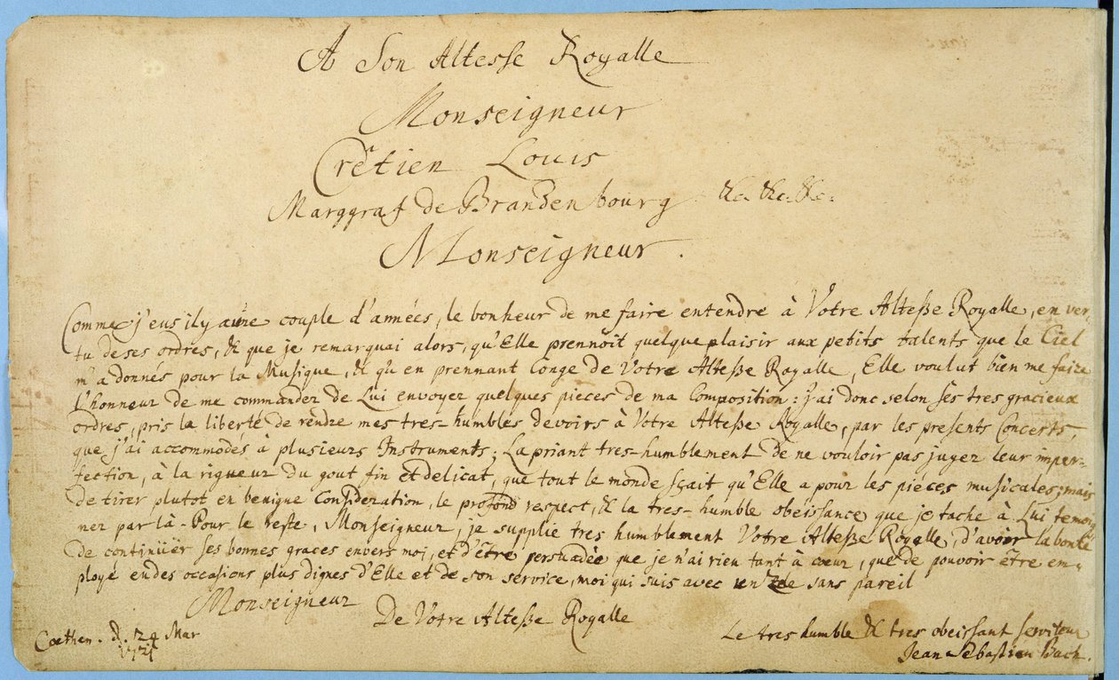 Odręczna dedykacja „Koncertów Brandenburskich” margrabiemu brandenburskiemu Christianowi Ludwigowi 24 marca 1721 r. (pióro i atrament na papierze) autorstwa Johann Sebastian Bach