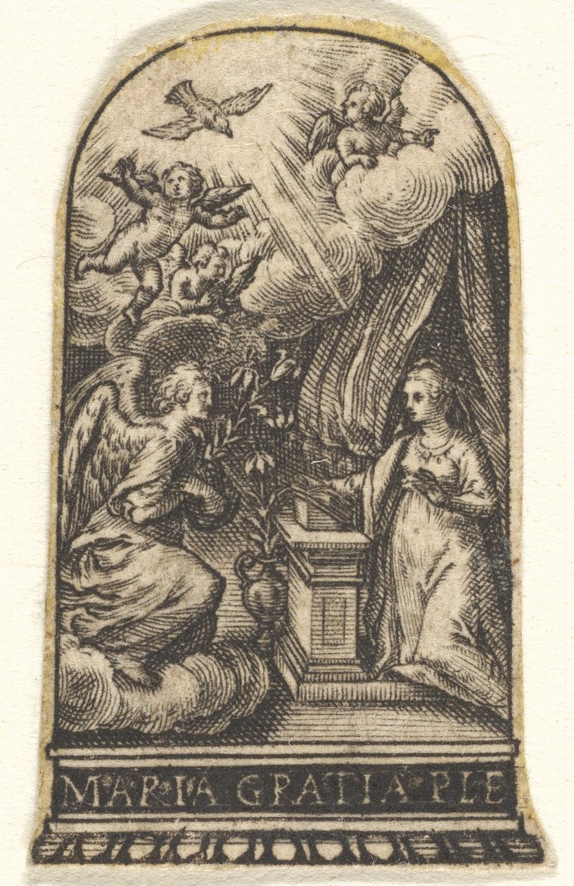 Zwiastowanie, Maria klęka przy mównicy, a Gabriel zbliża się na obłoku z ..., ca. 1580-1600. autorstwa Johann Theodor de Bry
