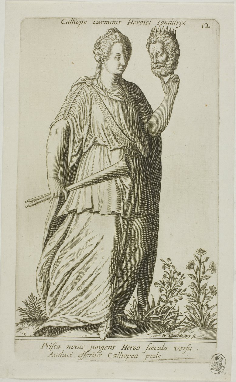Calliope, Muse of Epic Poetry, płyta 12 z Parnassus Biceps autorstwa Johann Theodor de Bry