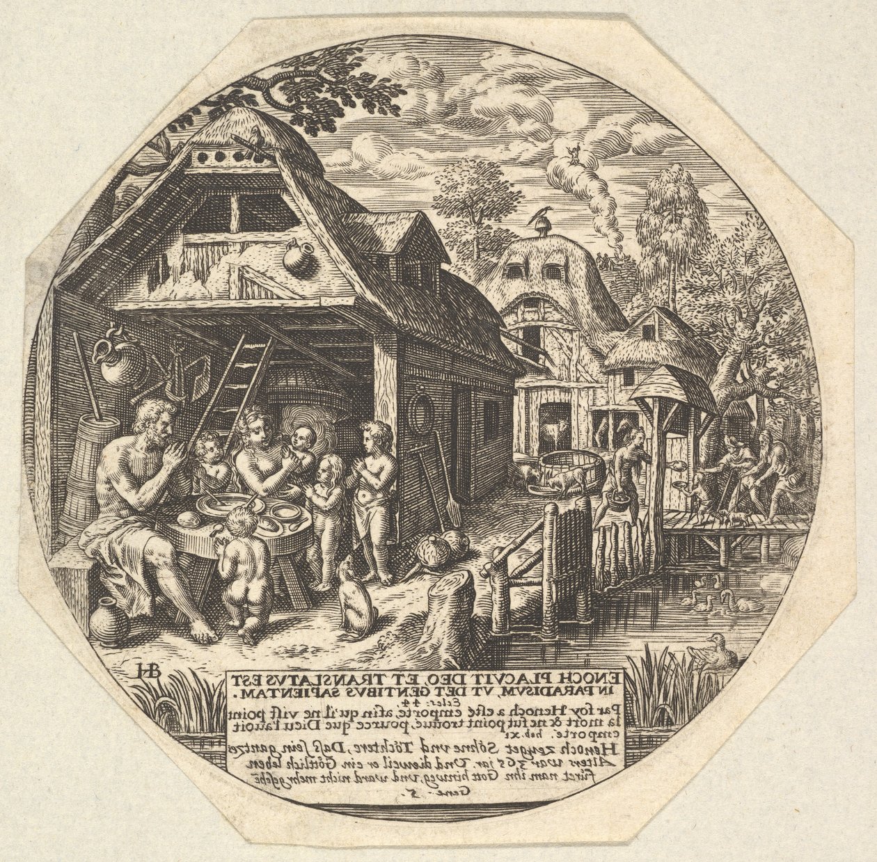 Enoch i jego rodzina otaczają stół jadalny i trzymają się w geście za ręce..., ok. godz. 1580-1623. autorstwa Johann Theodor de Bry