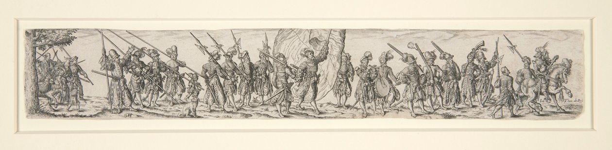 Maszerujący żołnierze ze sztandarem autorstwa Johann Theodor de Bry