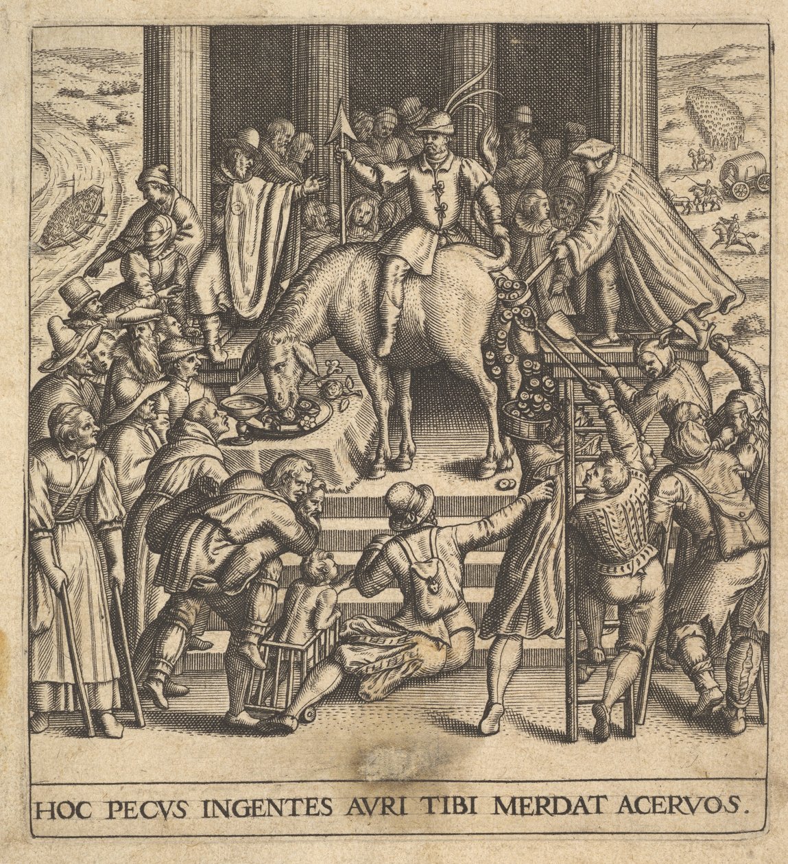 Mężczyźni zbierający łajno spadające z zadu muła, z jeźdźcem siedzącym na ba..., 1592-1614. autorstwa Johann Theodor de Bry