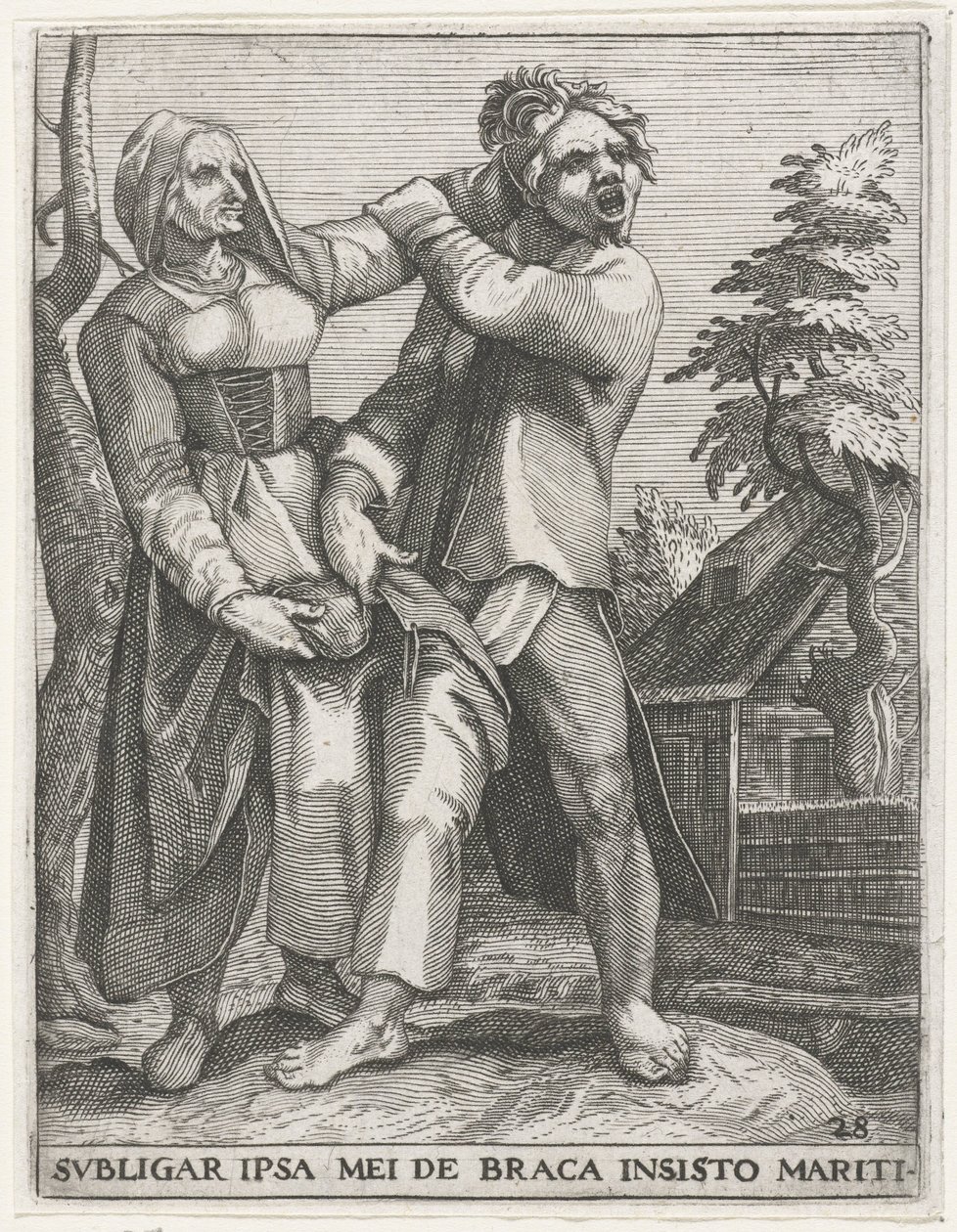 Strijd om de broek ZWIĄZĘ SIĘ W SPODNIE MĘŻA (tytuł na obiekcie) Świeckie herby, 1596 (tytuł serii) autorstwa Johann Theodor de Bry