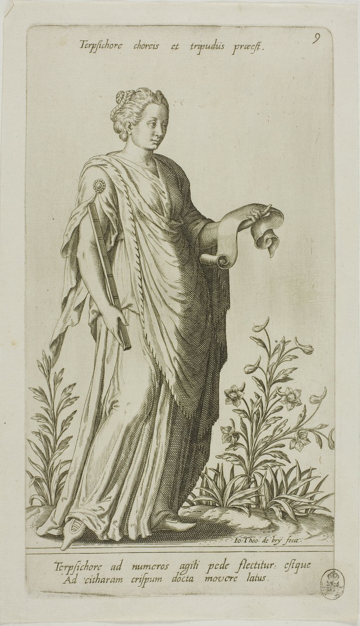 Terpsychor, muza tańca, płyta 9 z Parnassus Biceps autorstwa Johann Theodor de Bry