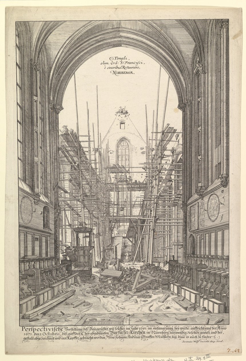 Widok odbudowanego kościoła franciszkanów w Norymberdze, z serii V....n.d. autorstwa Johann Ulrich Kraus