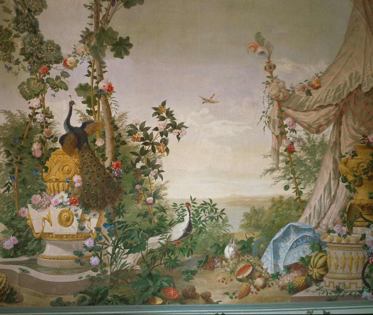 Scena ogrodowa z pawiem i namiotem w sali ogrodowej pałacu Schoenbrunn ... autorstwa Johann Wenzel Bergl