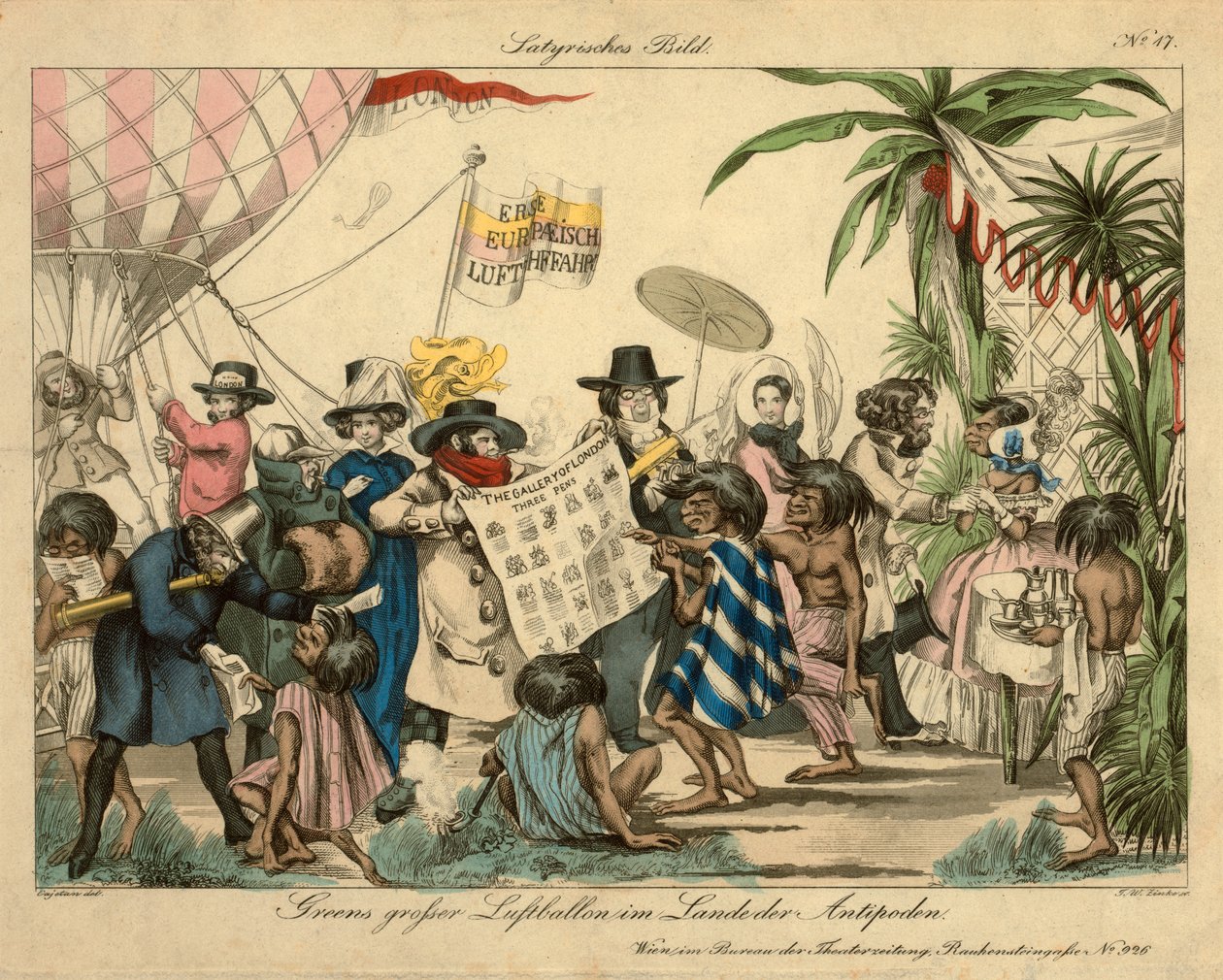 Balon na ogrzane powietrze Greena na Antypodach, ok. 1840 r. (ręcznie barwiona akwaforta) autorstwa Johann Wenzel Zinke