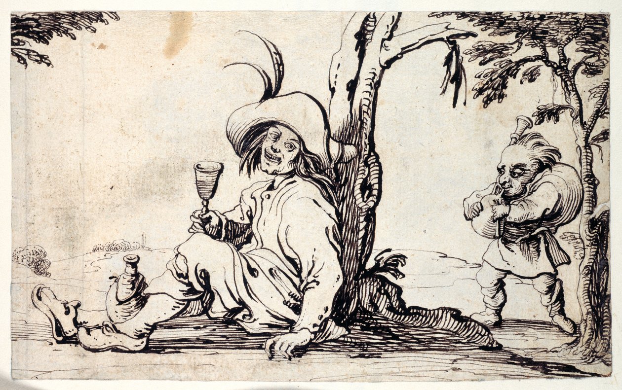 Wieśniak siedzący orzeźwiający się i krasnal z dudami (pióro i tusz na papierze) autorstwa Johann Wilhelm Baur
