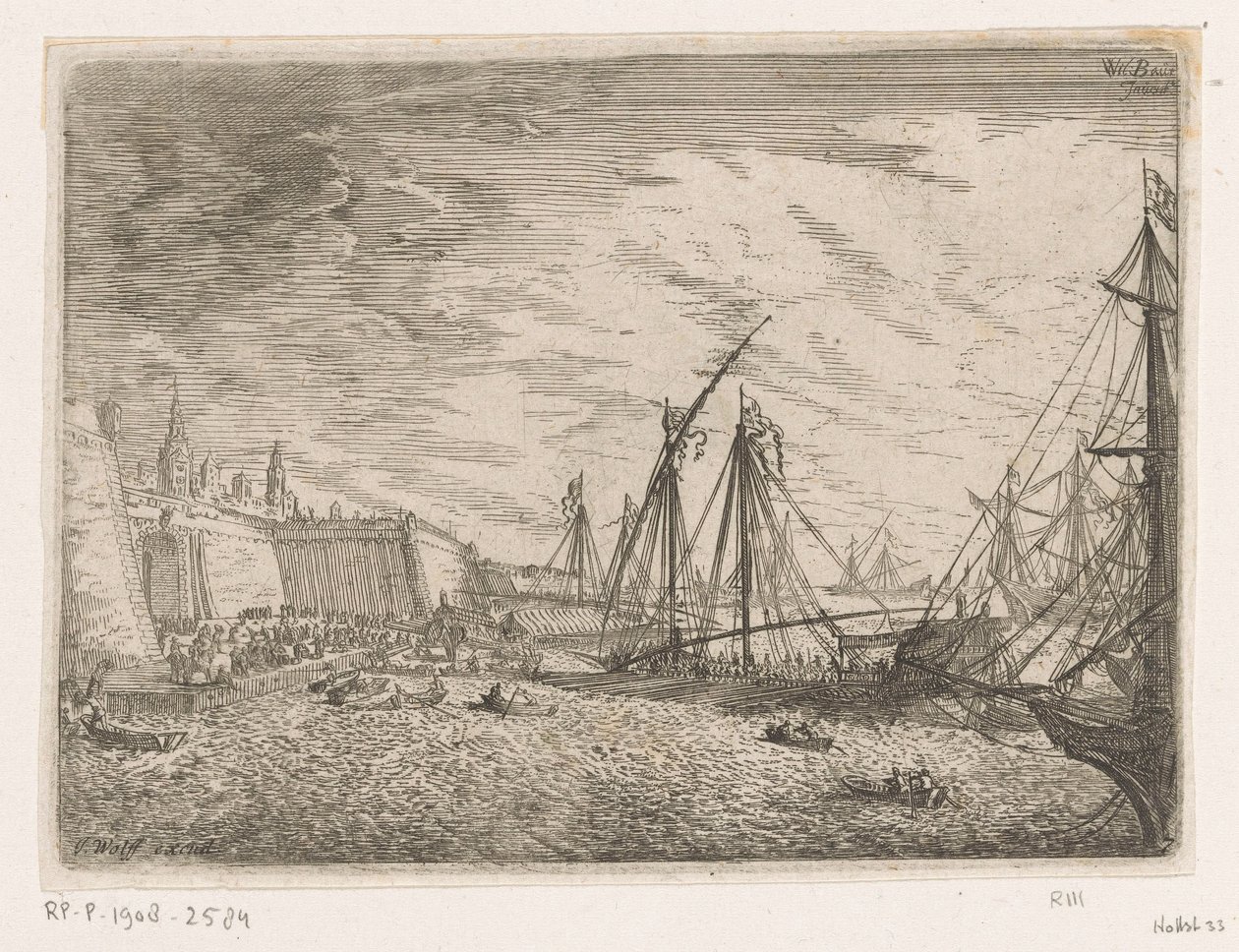 Widok na port z żaglowcami i galerami przed murem miejskim Widoki na port (tytuł serii) autorstwa Johann Wilhelm Baur