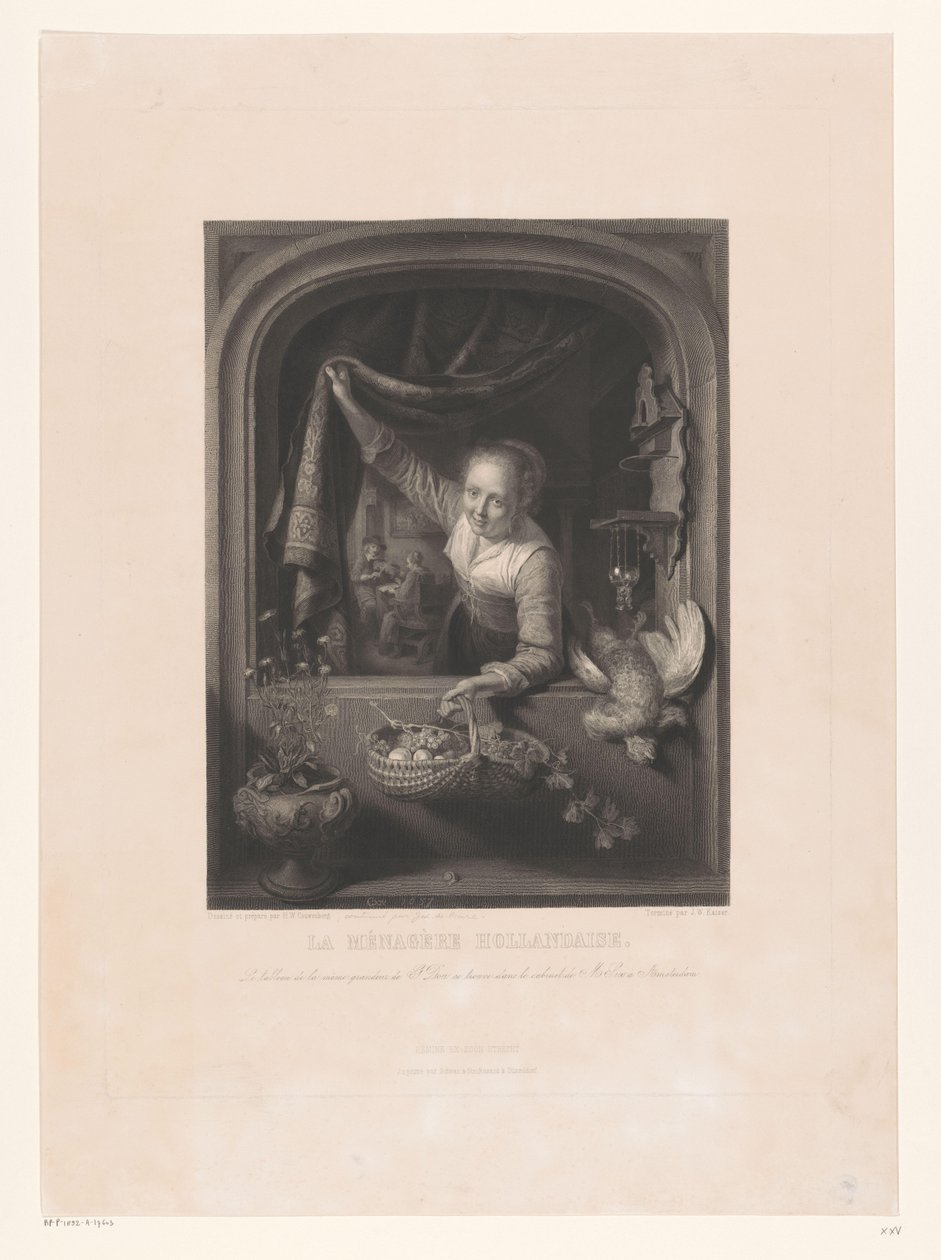 Kobieta z koszem owoców w ręku przy oknie La menagerè Hollandaise (tytuł na obiekcie) autorstwa Johann Wilhelm Kaiser (I)