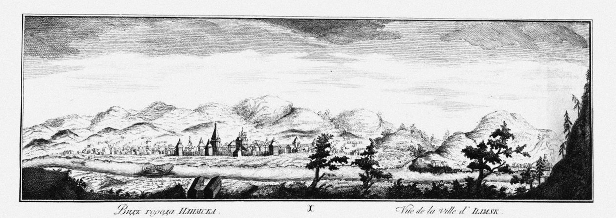Widok na Ilimsk, ok. 1735 autorstwa Johann Wilhelm Lürsenius
