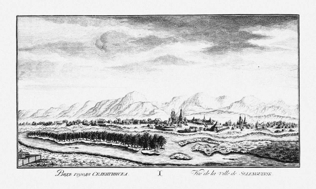 Widok na Selenginsk, ok. 1735 autorstwa Johann Wilhelm Lürsenius
