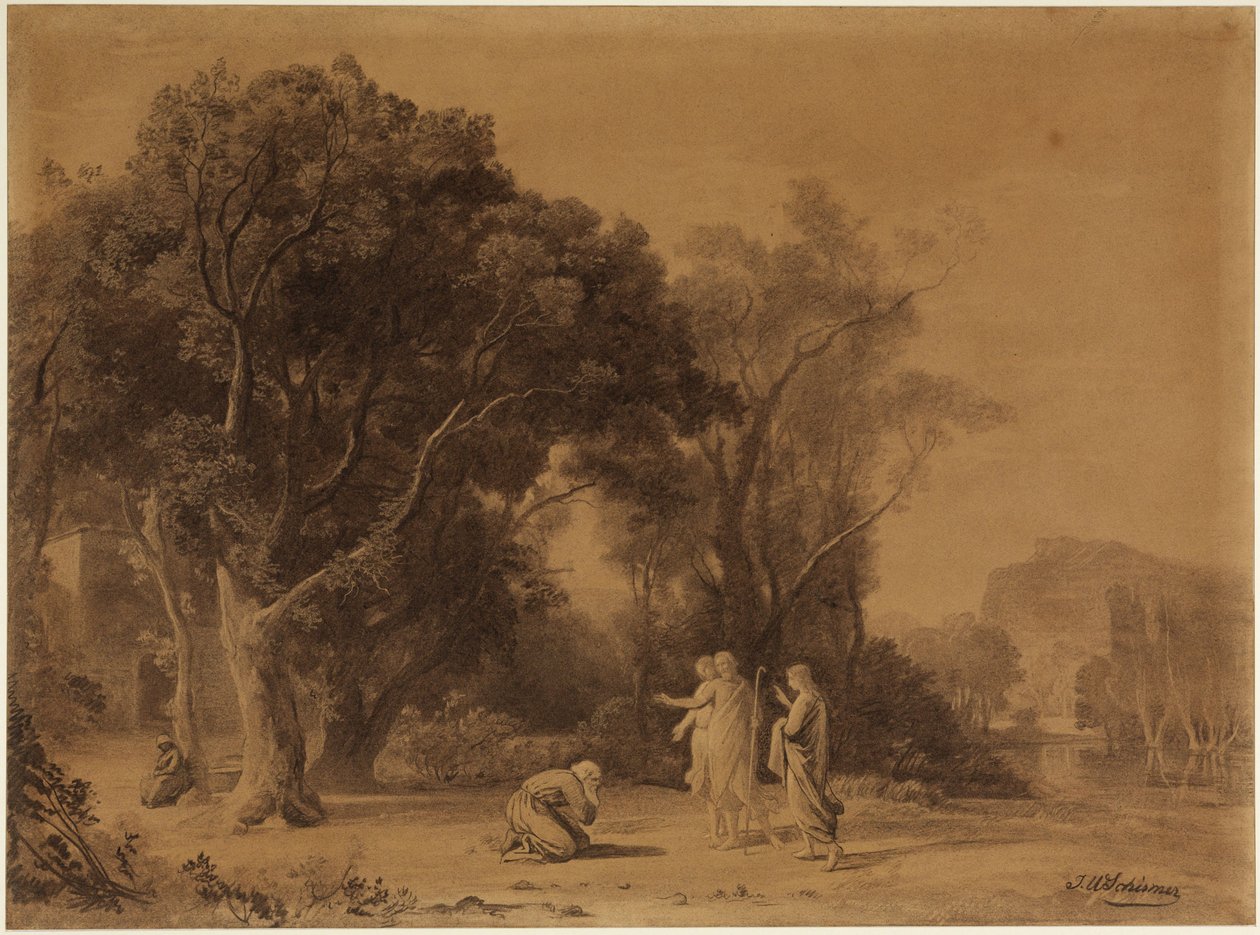 Abraham otrzymuje obietnicę Izaaka w gaju Mamre (Księga Rodzaju 15, 1ff) autorstwa Johann Wilhelm Schirmer