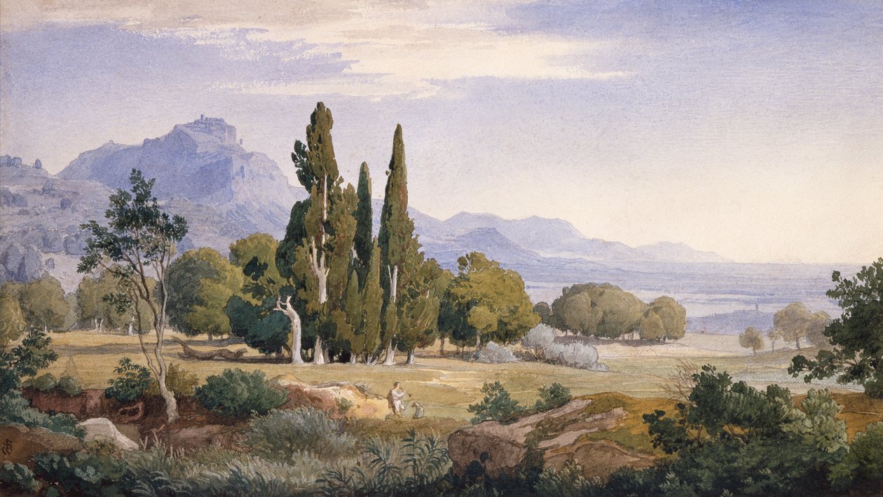 Pejzaż Arkadii (ołówek i akwarela) autorstwa Johann Wilhelm Schirmer