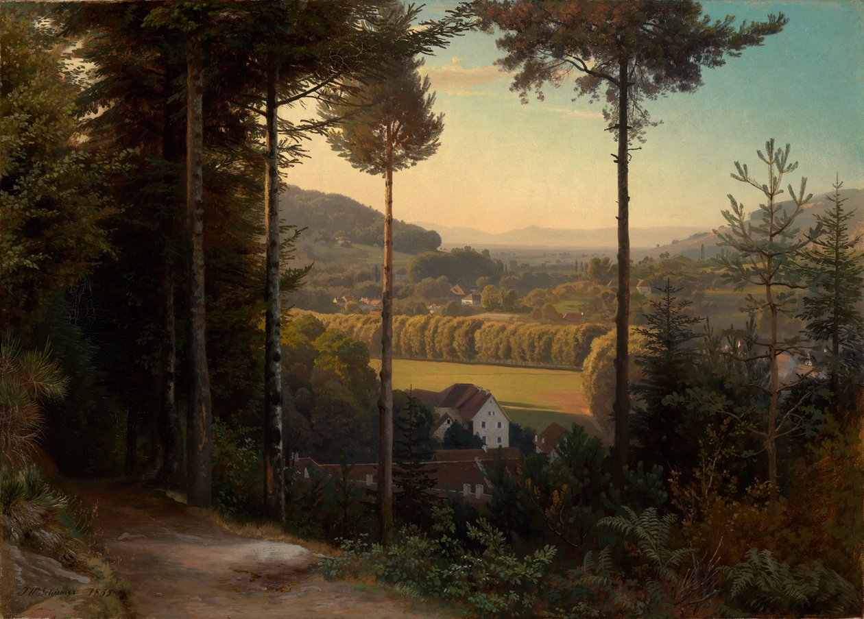 Dolina Oos z widokiem na Nizinę Górnoreńską i Wogezy, wieczór autorstwa Johann Wilhelm Schirmer