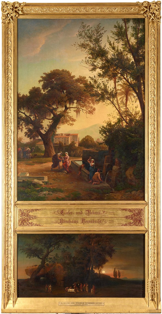 Eliezer i Rebeka przy studni (u góry). Pogrzeb Abrahama (u dołu). Z cyklu „Dwanaście biblijnych pejzaży przedstawiających historię Abrahama” autorstwa Johann Wilhelm Schirmer