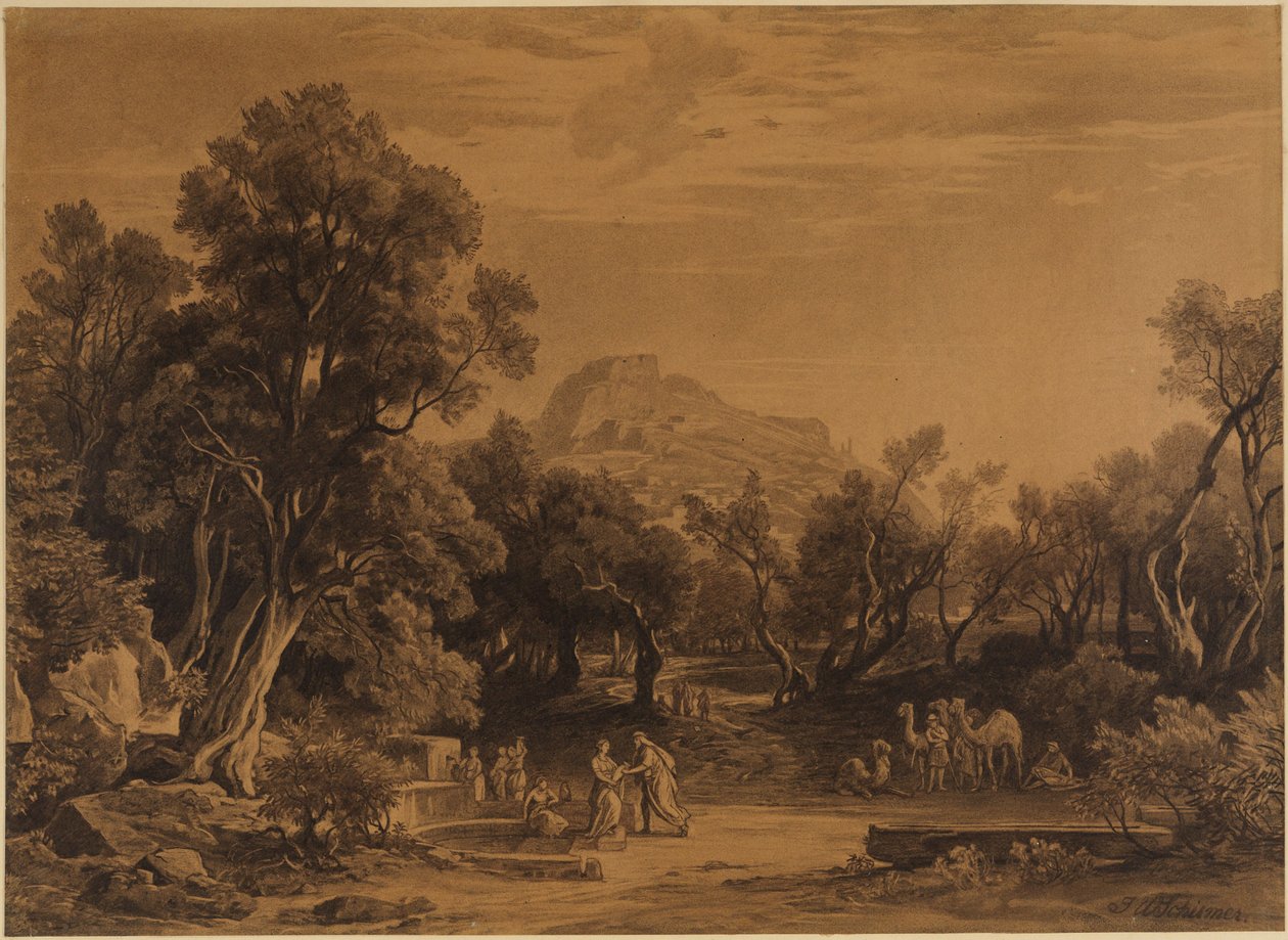 Eliezer i Rebeka przy studni (Księga Rodzaju 24, 17-18) autorstwa Johann Wilhelm Schirmer